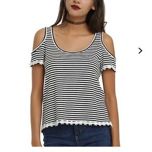 Hot Topic Black & White Cold Shoulder Top